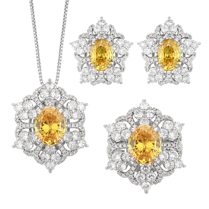 Jewelry Set Earrings Rings Necklace Colorful Zircon Yellow Diamond European and American Style High-end Women's Shipping