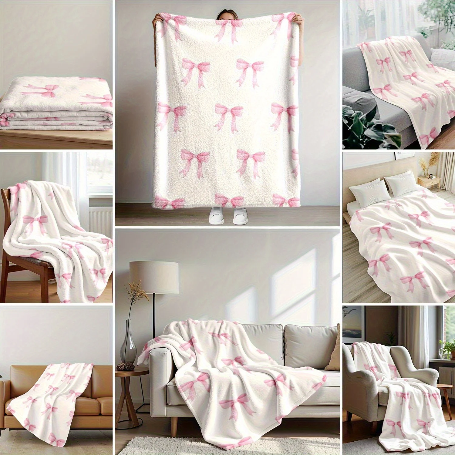 1pc Multicolor Bow Print Flannel Blanket - Soft Vintage Cute Design, All-Season Car, Living Room, Bedroom, Office Use, Camping A