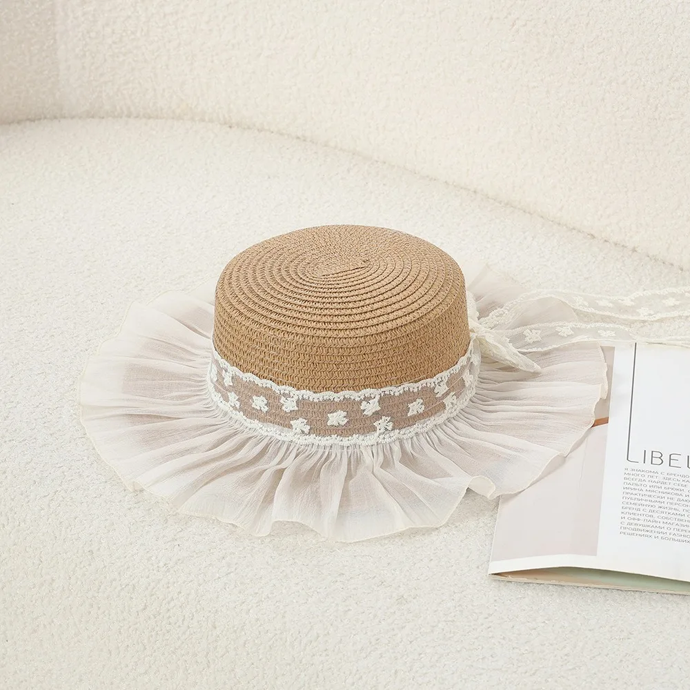 

Lace Flower Straw Hat Breathable Material Solid Fringe Sun Protection Hat Elegant Style Extended Brim Lace Straw Hat