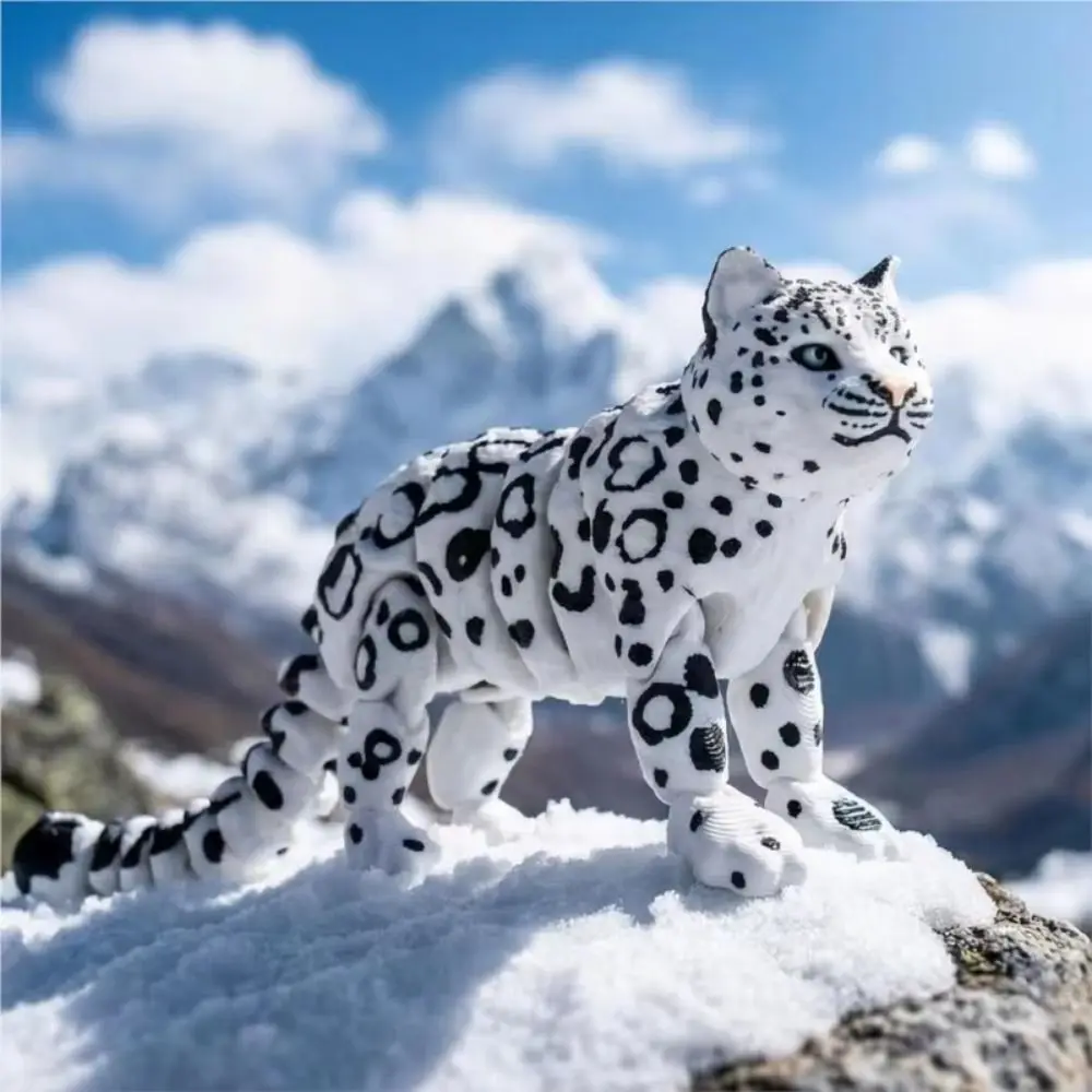 Creative 3D Printed Simulation Simulation Lifelike Simulation Tiger Figurine Flexible Rotatable Snow Leopard Model Desk Decor