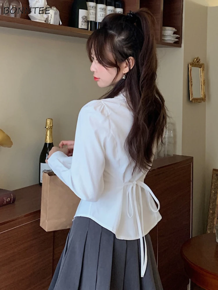 

White Shirts for Women Preppy Style Slim Casual Bandage French Fashion Inner Tops Versatile Streetwear Personality Tender Girls