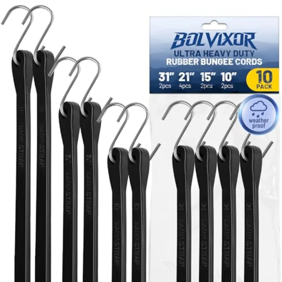 

Bungee Cords with Hooks 10 Pack 10" 15" 21" 31" Heavy Duty EPDM Rubber Tarp Straps Max Stretch 2X Load 180+ LBS Crimped S Hooks