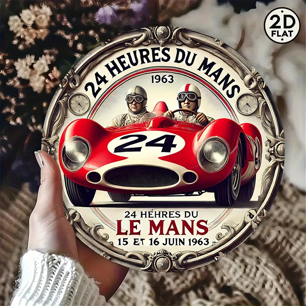 [2D Flat] 1 pieza Vintage 1963 Le Mans 8x8 Letrero de chapa de pared de metal redondo - Obra de arte icónica del día de la carrera, diseño de coche rojo rústico con G vintage