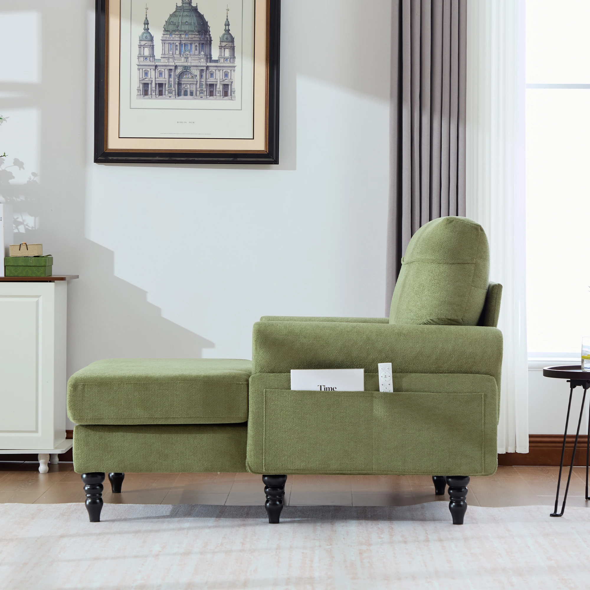 Moderner minimalistischer Samt-Loungesessel, Schlafzimmer-Einzelsofa mit Holzbeinen, bequemer Rückenlehne und Armlehnen – Detail 10