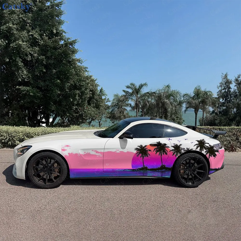 2pcs Pink Purple Gradient Sunset Island Car Side Wraps, Self-Adhesive PVC Waterproof & Scratch-Resistant Stickers, Car Accessory