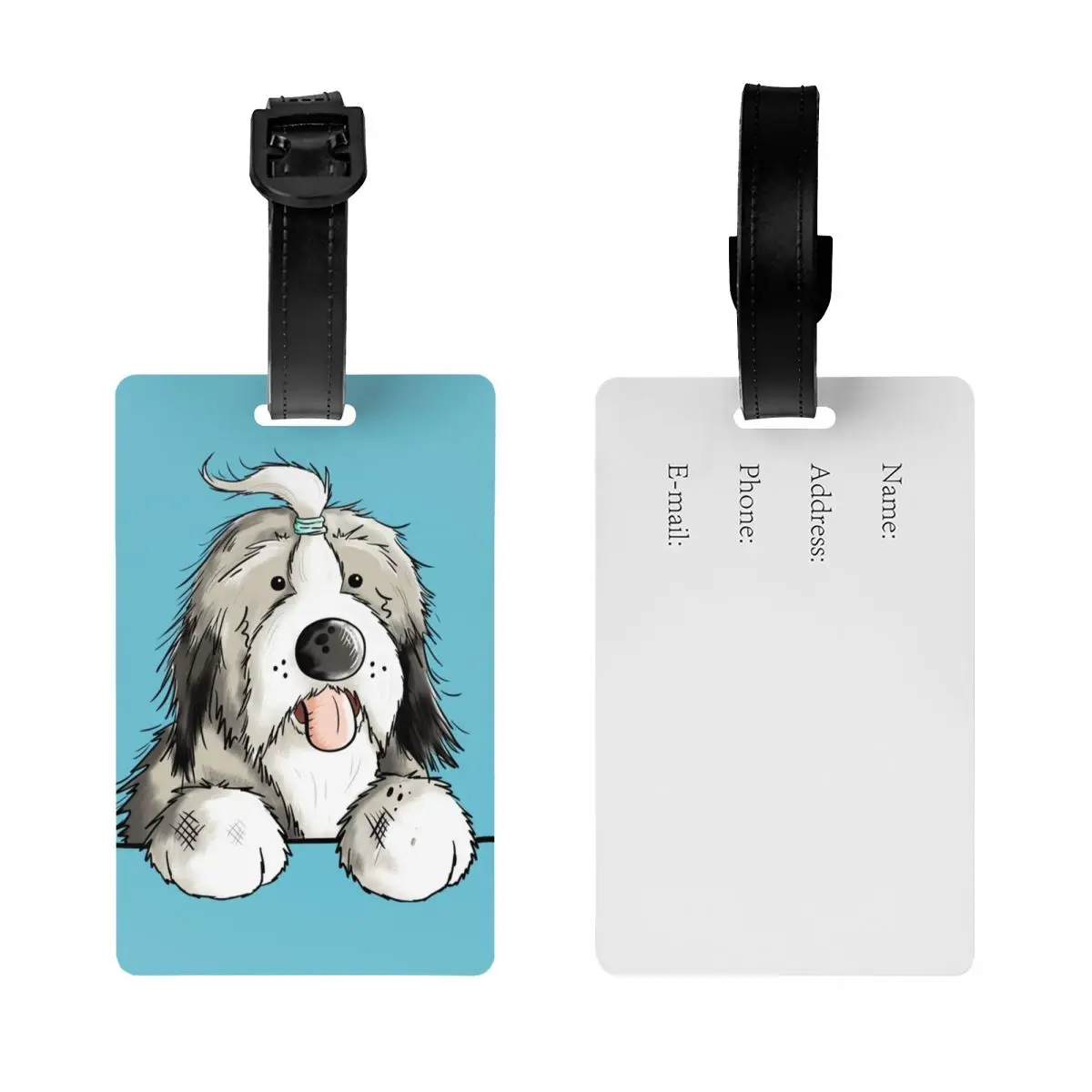 Etiqueta de equipaje de perro de Collie barbudo feliz personalizada Etiqueta de identificación de cubierta de privacidad de equipaje de maleta de animales para mascotas