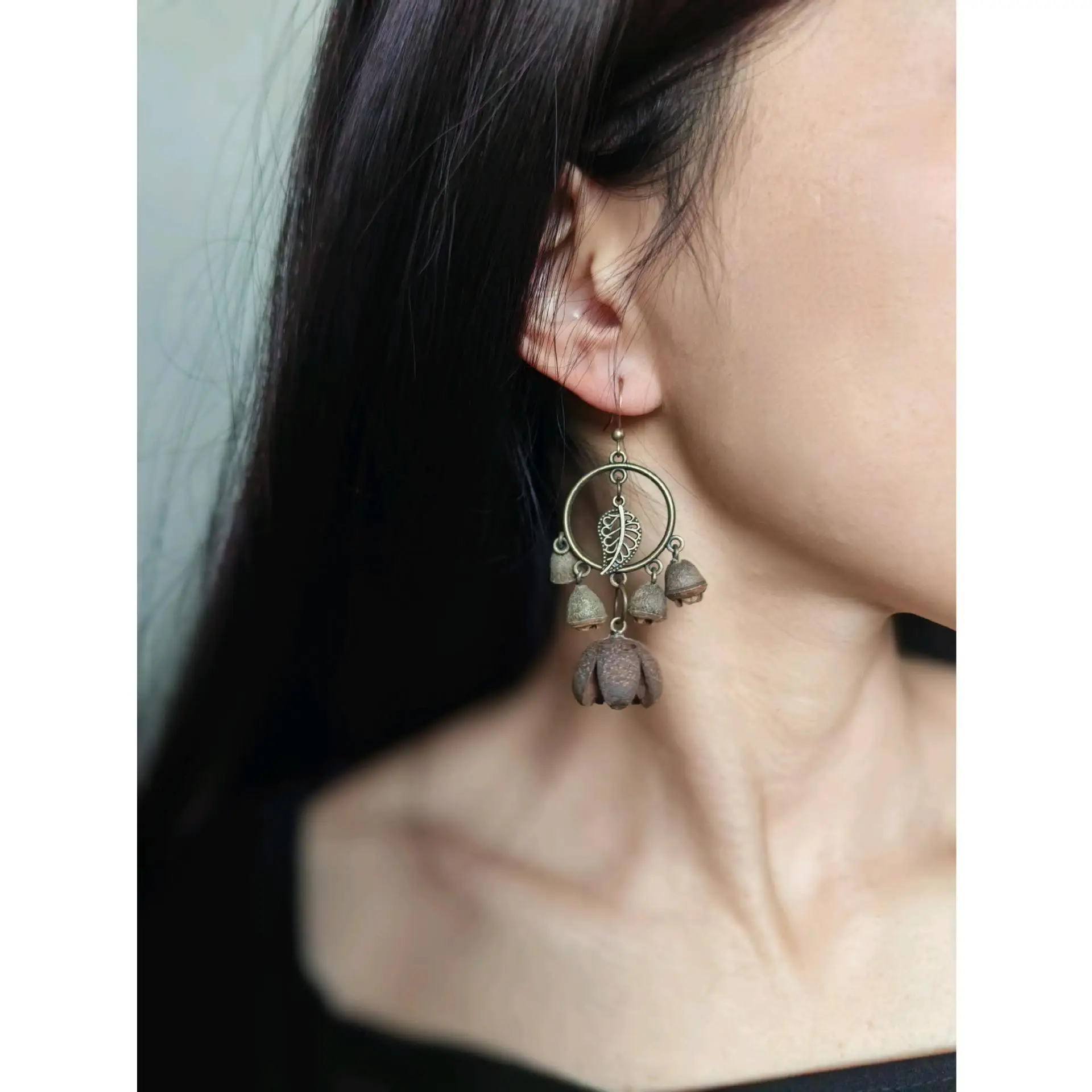 

Original Plant Handmade Earrings -Open Smile & Tassel Design, Unique Vintage Original Brass Earrings for Women