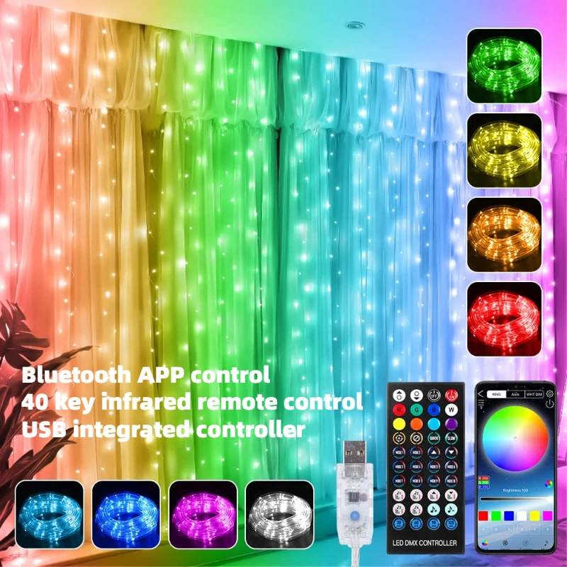 Lâmpada de janela RGB inteligente para quarto, luzes de cortina LED, Bluetooth App, controle remoto, USB colorido, decoração de Natal, festa de