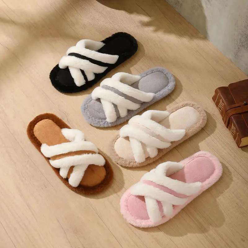 New Arrival Sheepskin Velvet Cross Cotton Slippers, Women's Indoor TPR Plush Home Slippers for Autumn and Winter