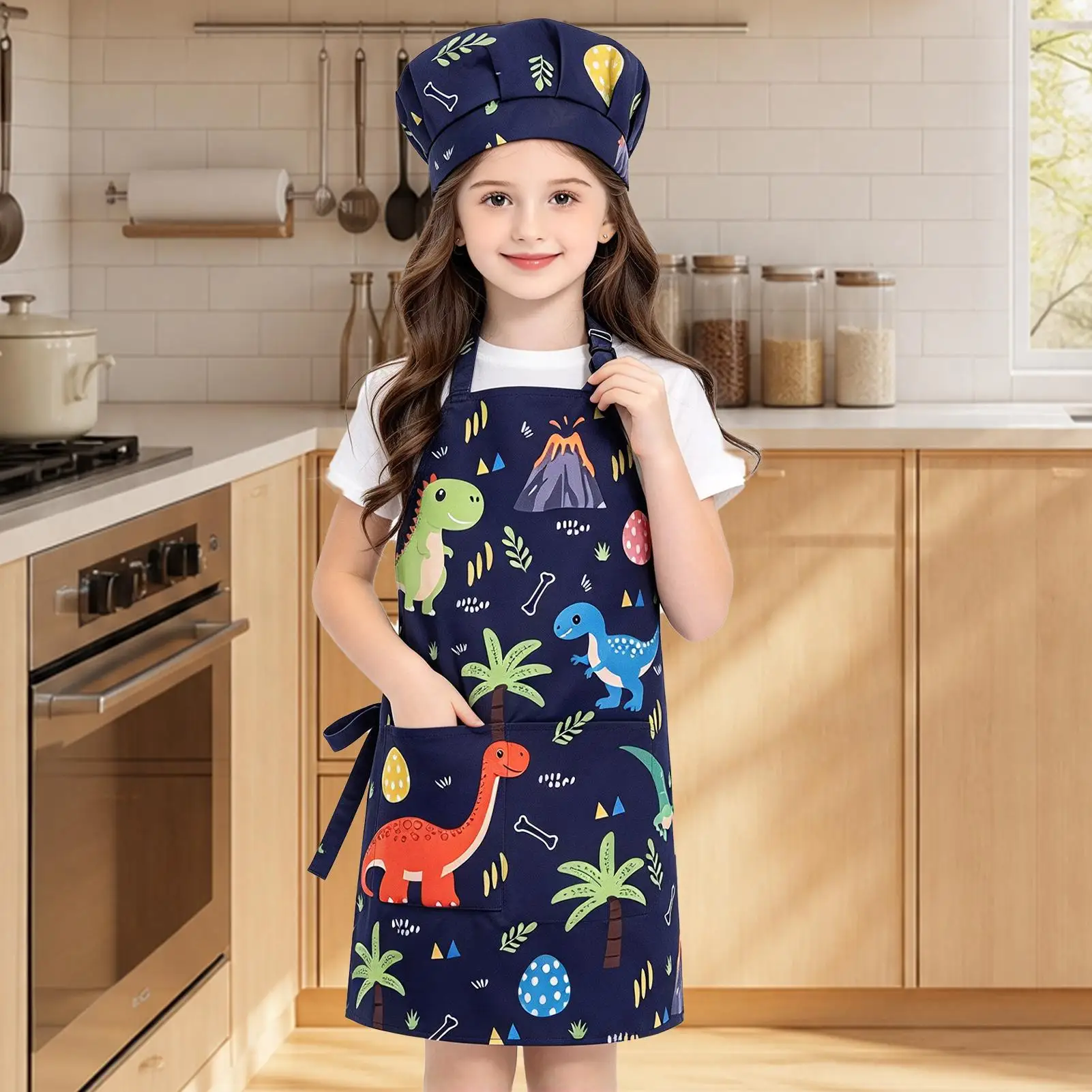Kids Chef Hat And Apron Kitchen Cooking Costume Children Apron Adjustable With Pockets For Boys Girls Homeschool School Home - view 3