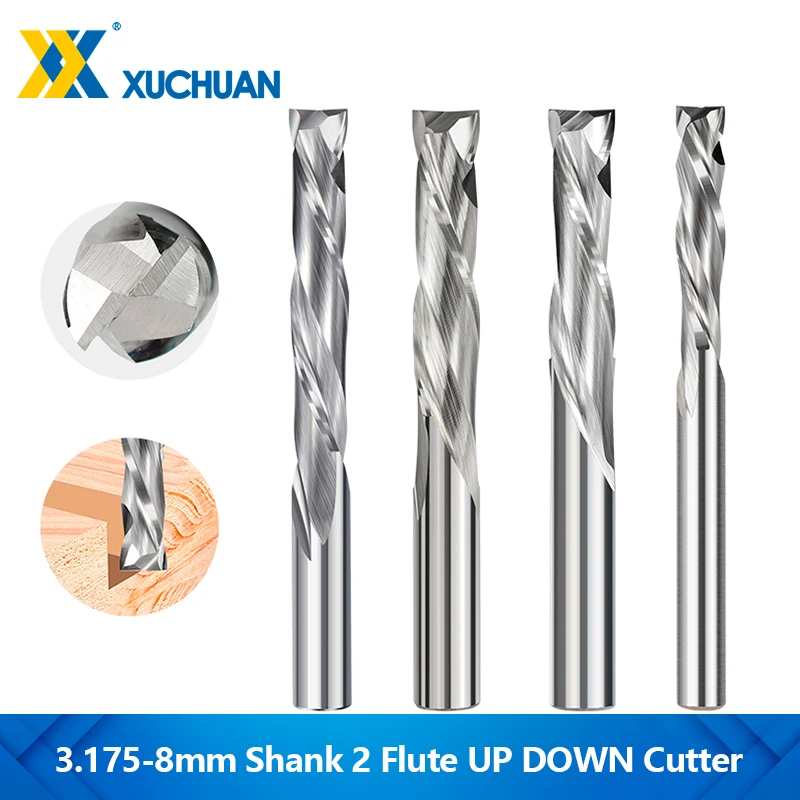 

XUCHUAN 1PC Up Down Cutter 3.175/4/5/6/8mm Shank CNC Router Bit 2 Flute Spiral Carbide End Mill Woodwork Milling Cutter