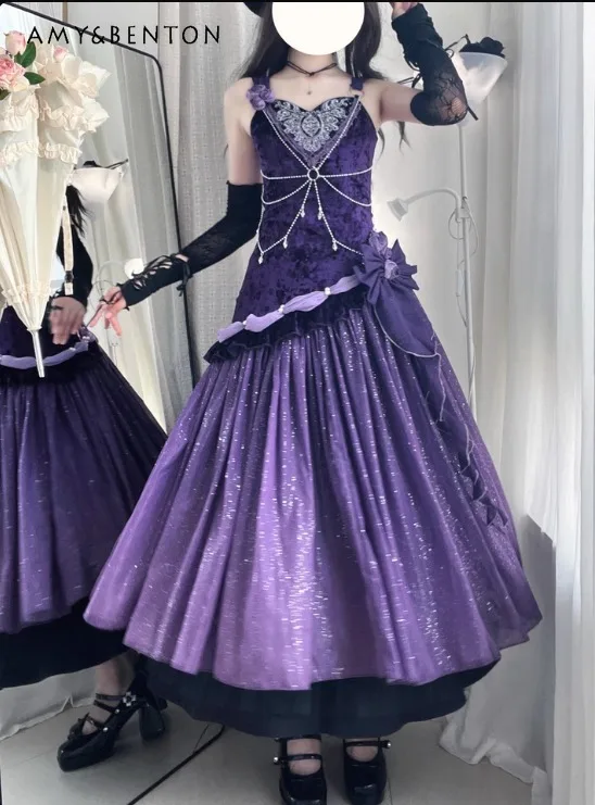 

2025 Summer New Elegant High-Quality Vintage Purple Lolita Velvet Long Strap Dress Black Versatile Petticoat Two-Piece Set