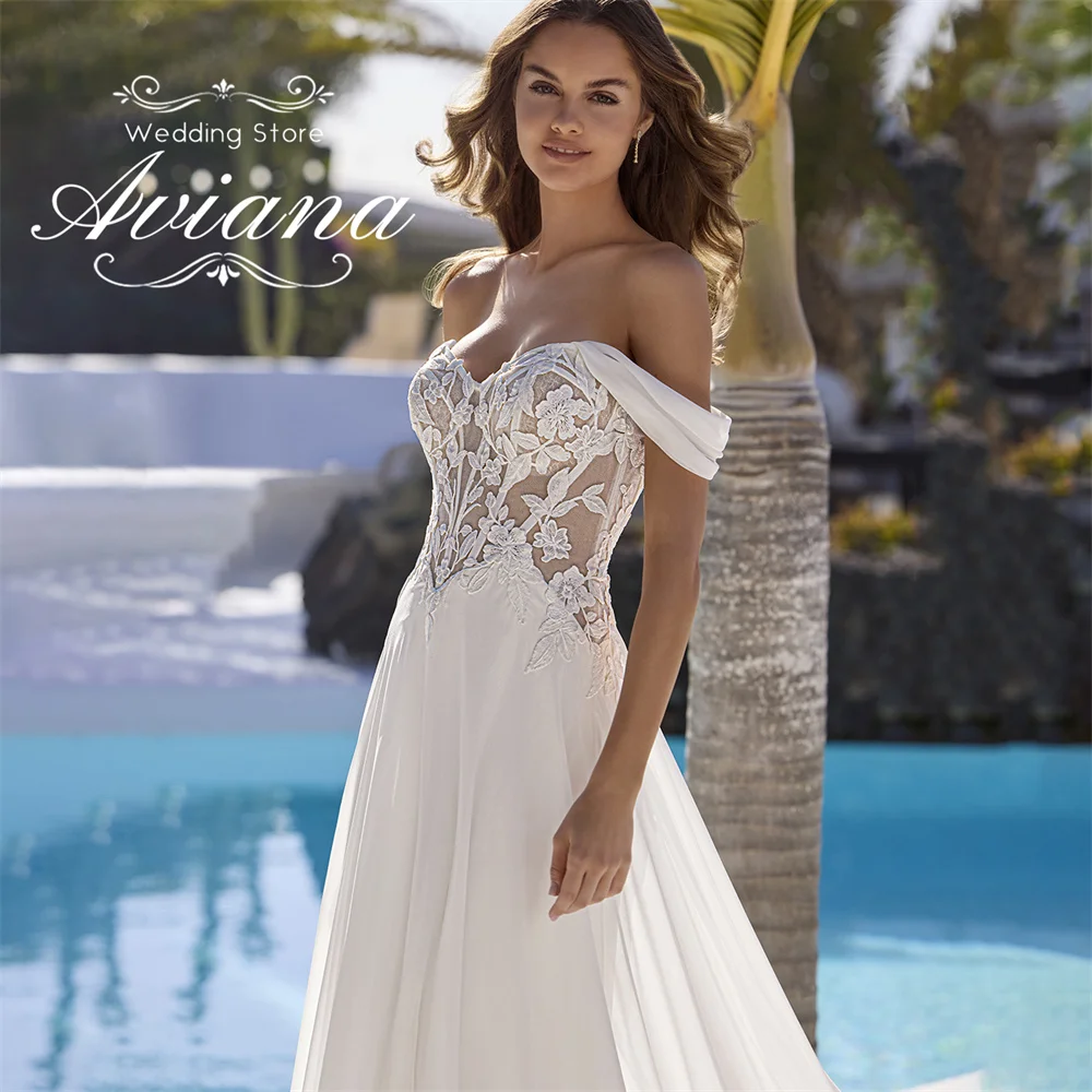 Aviana مخصص الحبيب قبالة الكتف فستان الزفاف المستقيم الدانتيل يزين التطريز مشد سويب تراين طول الأرض 2025