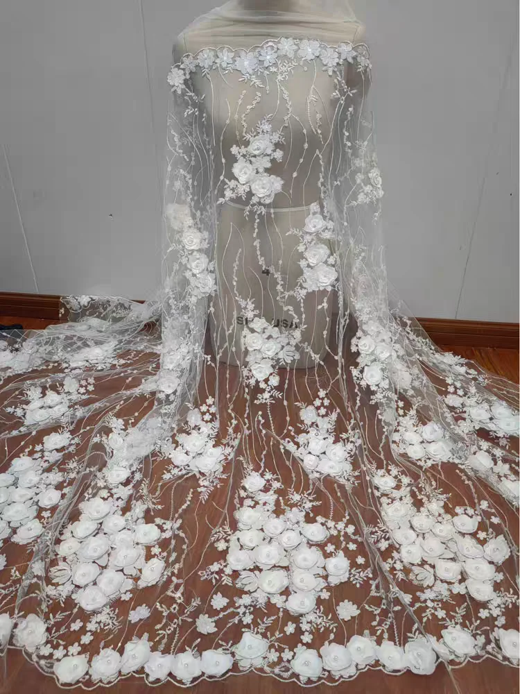 

Delicate 3D Ivory Flowers Lace With Pearls Embroidered Leaf Fabric Bridal Dress Beautiful Lace Fabric