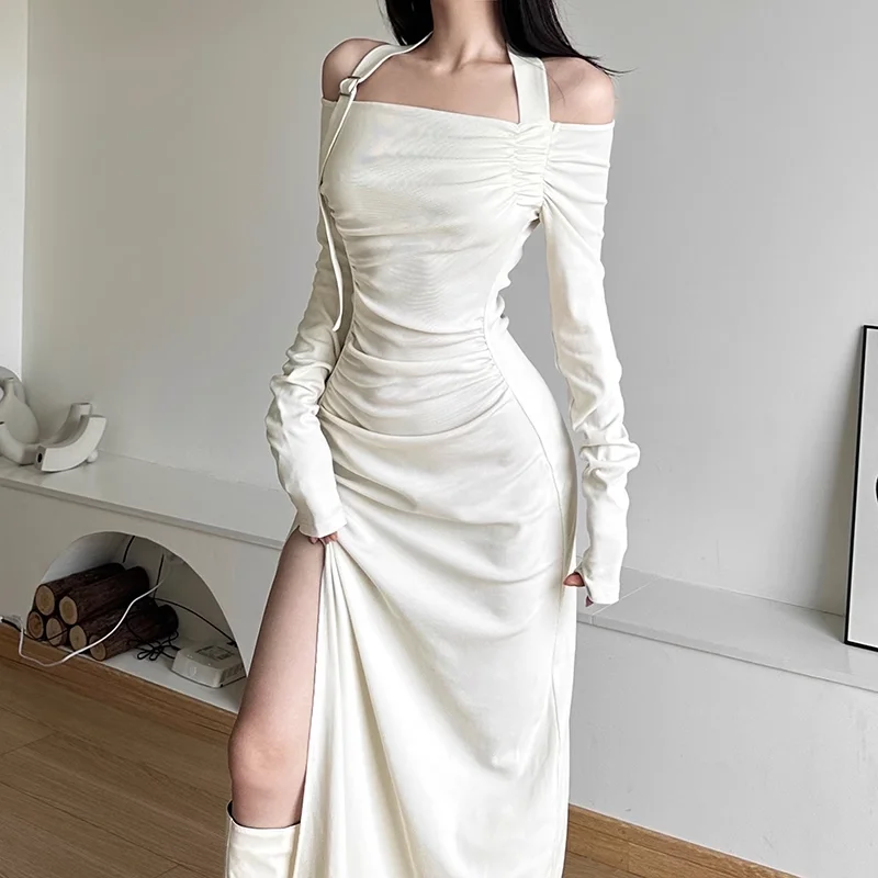 Korejepo-女性のための長い襟付きドレス,プリーツ感のあるデザイン,薄いスリット脚,美しい