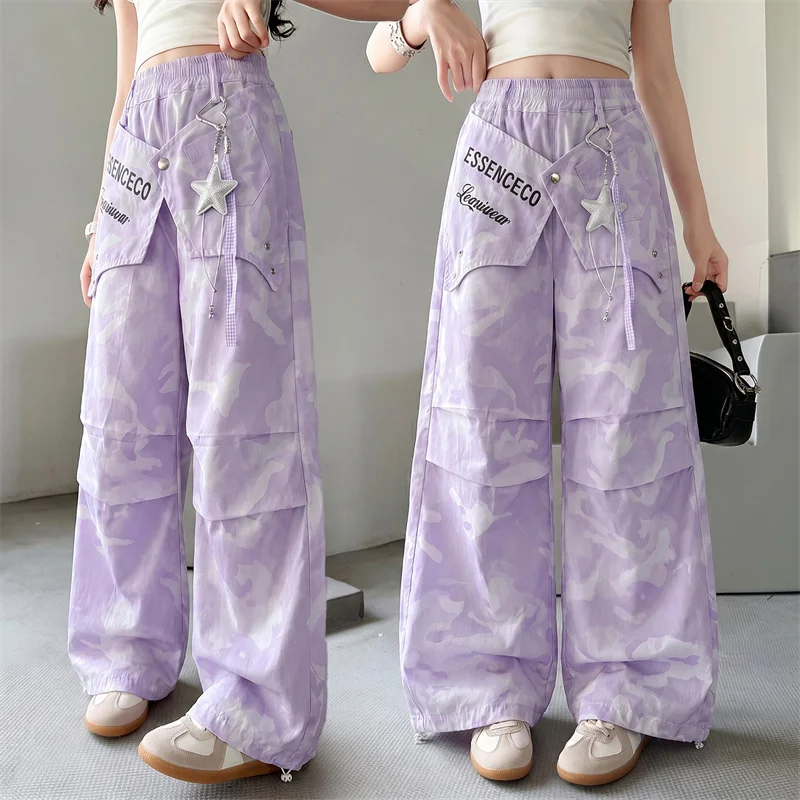 Girls Tie-Dye Print Design Purple Camouflage Casual Loose Pants Teens School Children Trousers for Summer Kids Korea Sweatpants