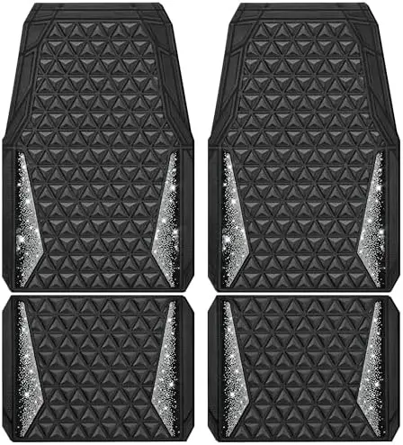 

CAR PASS Bling Diamond Car Mats - Anti-Slip 3D Waterproof Floor Liners for SUV Sedan Van, Black Silver
