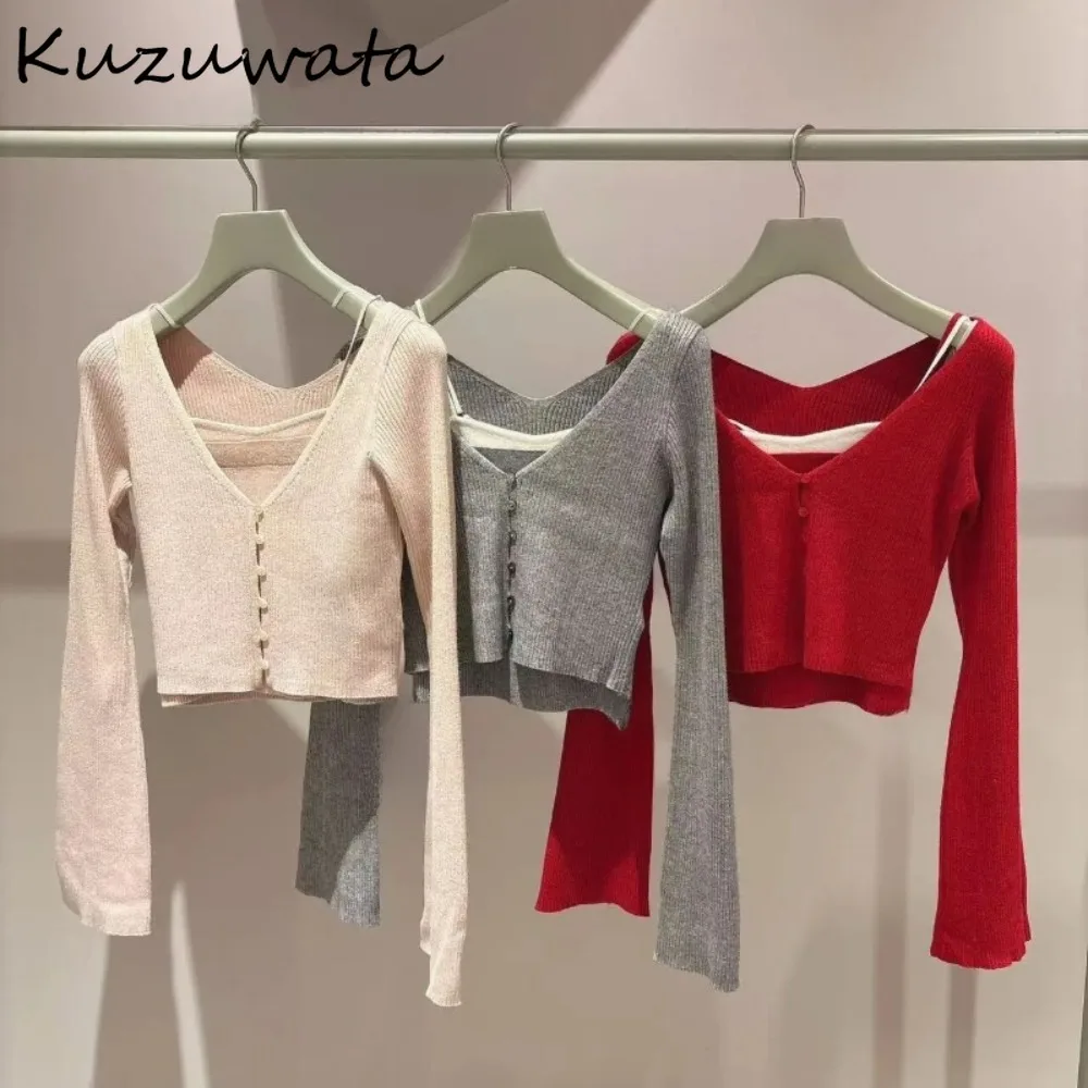 

Kuzuwata, осенне-зимний новый простой комплект, жилет на бретельках, вязаный кардиган с длинными рукавами, японский тонкий универсальный кардиган в стиле литературных меньшинств из двух предметов