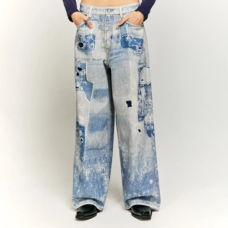 Fashion Street Washed Tie-Dyed Digital Printing Jeans for Men and Women 2024Autumn Fashion Brand Retro Personal Leisure Trousers