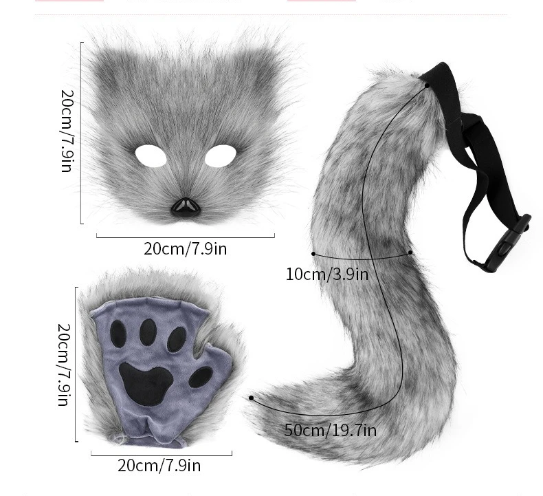 3PCS Girls Women Fake Fur Fox Tail Cat Wolf Role Playing Halloween Cosplay Props Accessories Costume Set Plush Masks Gloves
