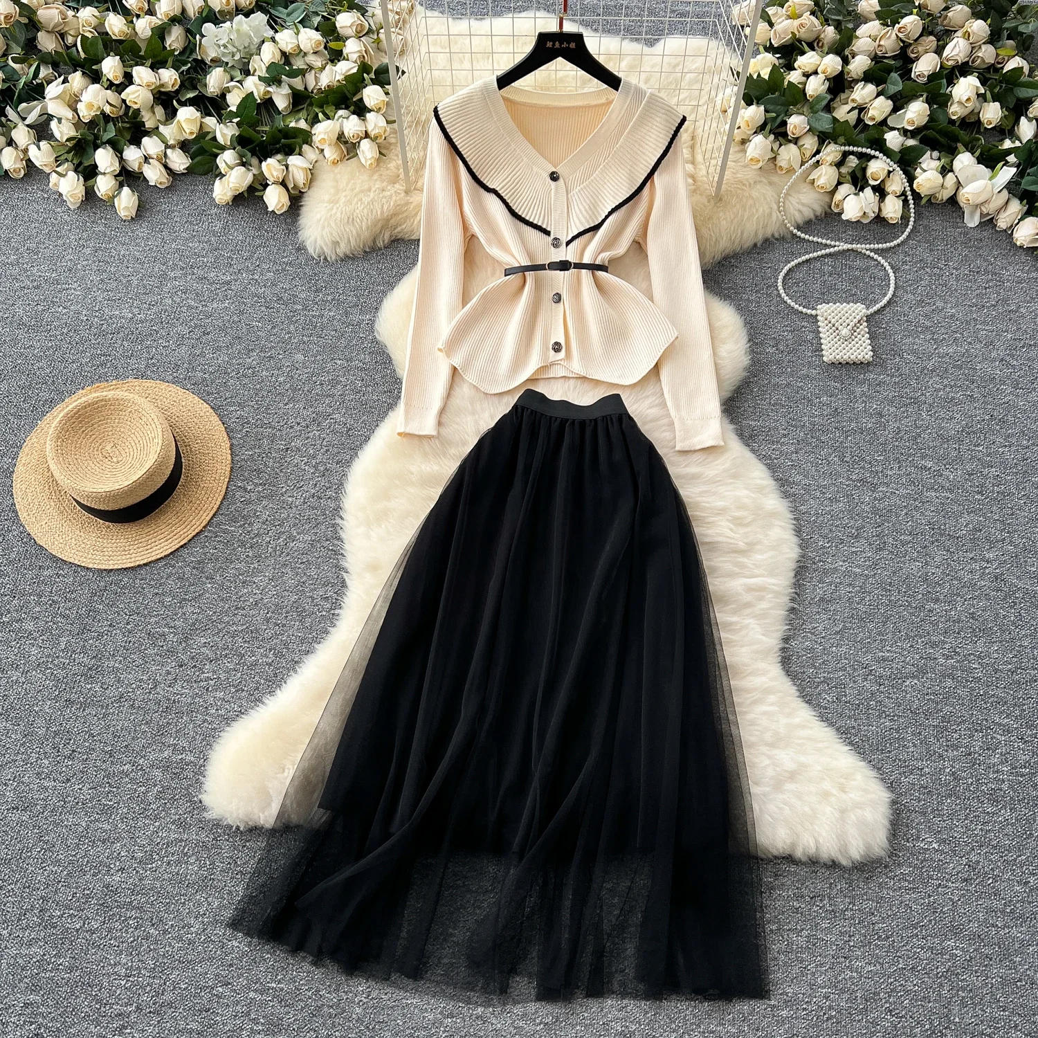 Chic Casual Twp-piece Sets Ruffle Button Knit Shirt Vintage Basics Mesh High Waist Ball Gown Skirt Autumn Winter Women Clothing