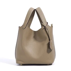 Head Layer Cowhide Vegetable Basket Bag Genuine Leather Bucket Bag Women's Niche Design Large Capacity Handbag Gold Hardware