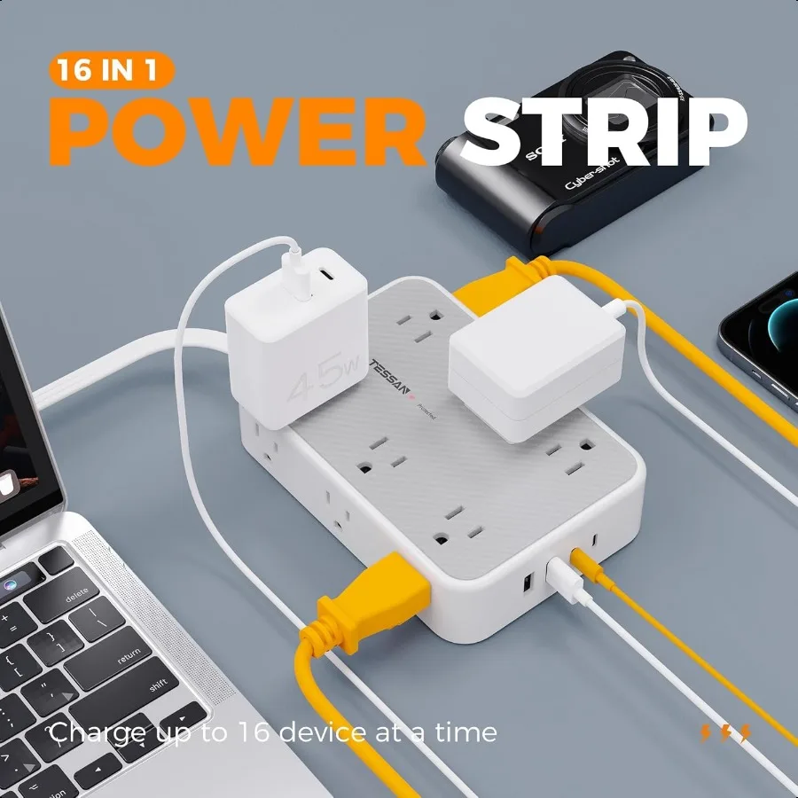 عرام حامي قطاع الطاقة TAN 5FT سلك تمديد مسطح مع منافذ متعددة 12 منفذ موسع مع 4 USB 2 USBC شقة التوصيل Po