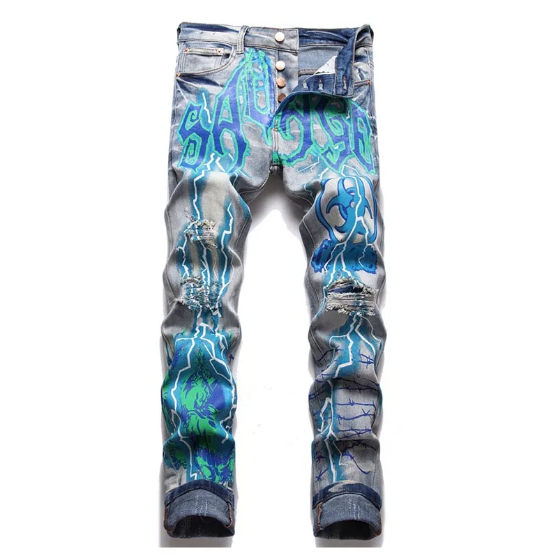 

Mcikkny Vintage Ripped Printed Casual Jeans Pants Washed Punk Style Streetwear Denim Trousers For Male Slim Fit