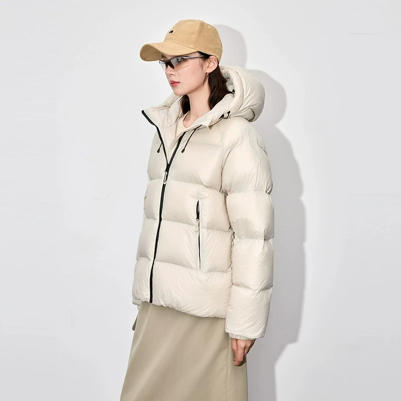 Casaco curto para baixo feminino 2025 inverno nova moda com capuz fofo 95 pato branco para baixo jaqueta feminina sólida quente grosso parka casaco
