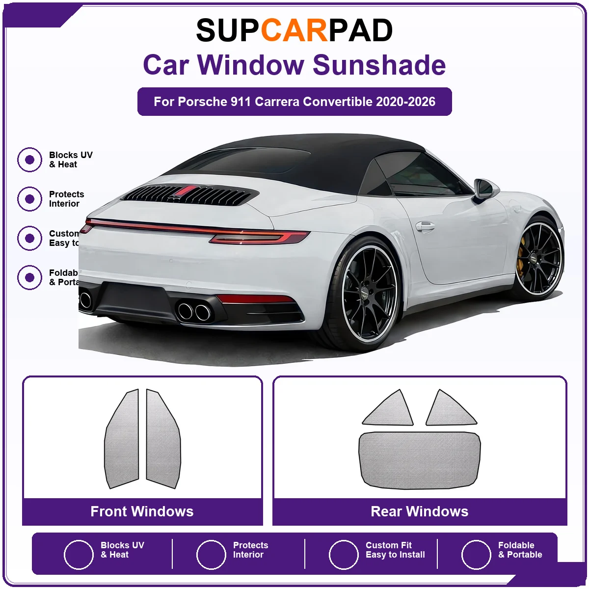 For Porsche 911 Carrera Convertible 2020-2026 Pre‑Cut Auto Window Sunshade Anti‑UV Car Sun Visor Protector