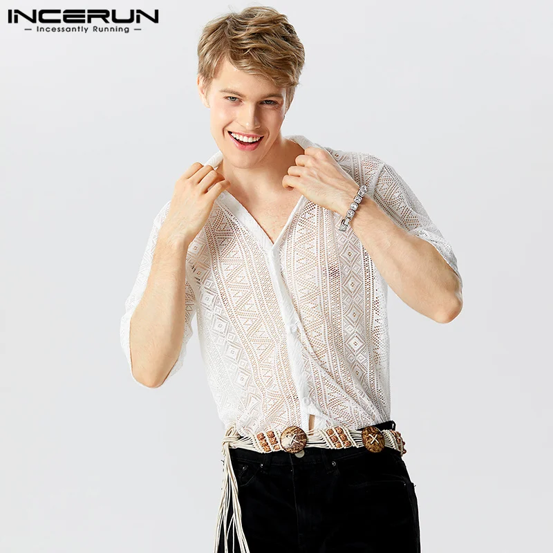 INCERUN Tops 2024 American Style Casual Mens Hollow Lace Printed Shirts Fashion Street Hot Sale Short Sleeved Lapel Blouse S-5XL