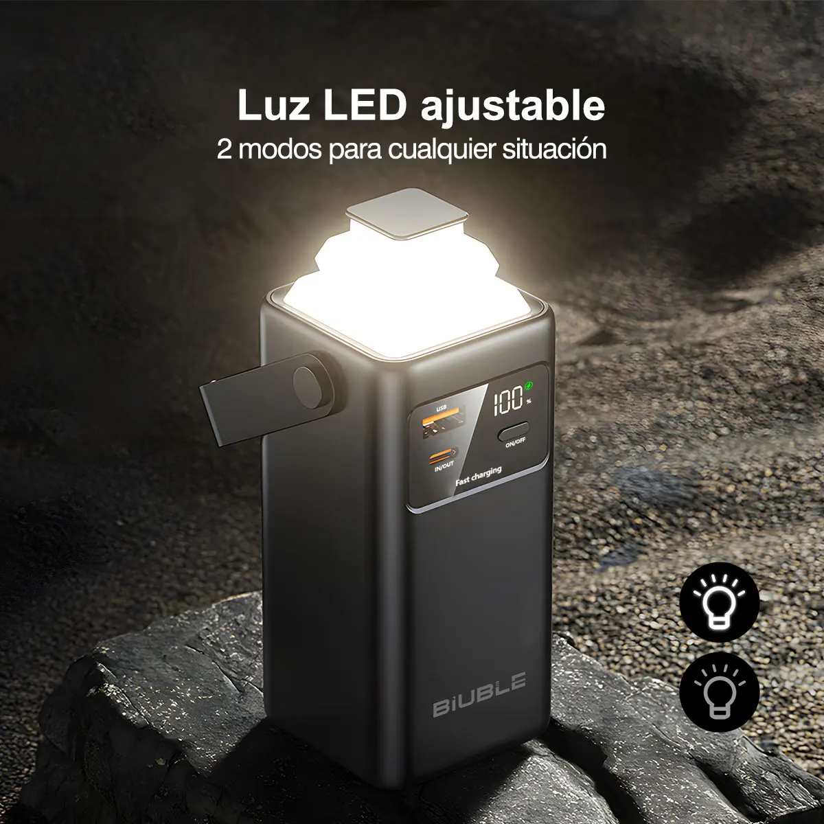 بنك طاقة 20000 مللي أمبير في الساعة، سعة كبيرة، محمول في الهواء الطلق، مصدر طاقة للطوارئ، كابل مدمج للتخييم، آيفون وسامسونج