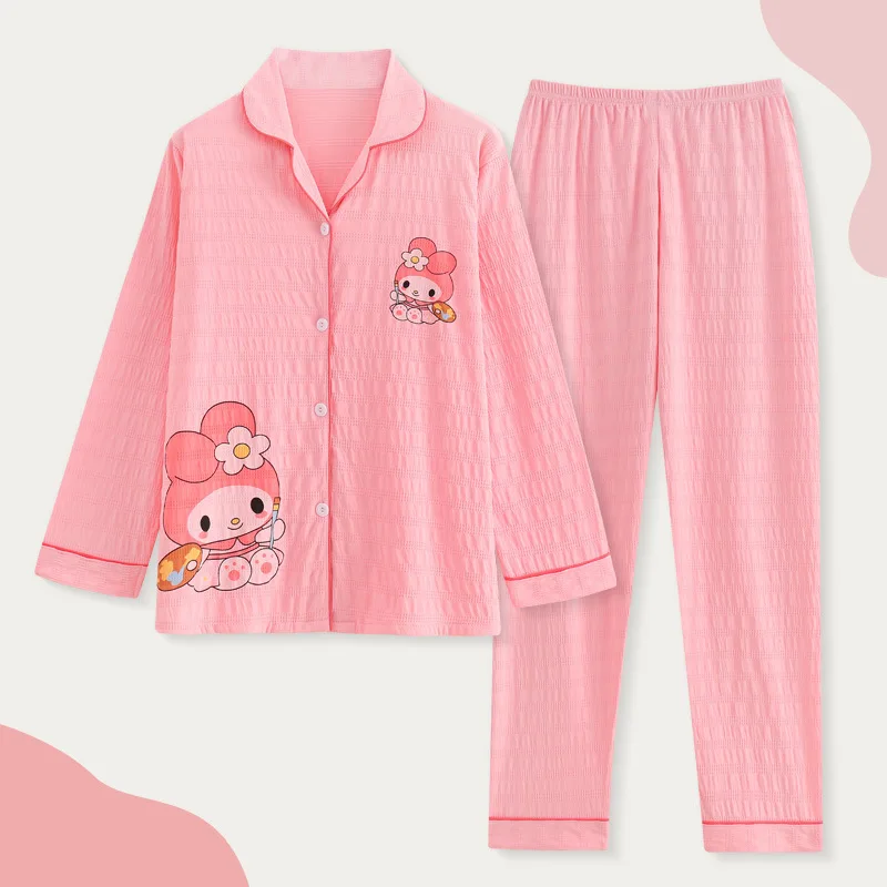 Kawaii Hello Kitty Kuromi My Melody Children's Pajamas Spring Autumn Anime Sanrio Cute Princess Style Parent-Child Home Clothing