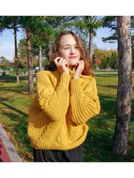 Women Loose Short Sweater Autumn Winter Turtleneck Elegant Knitted Warm Pullovers Fashion Solid Tops Knitwear Jumper