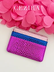 CEZIRA Luxury Snakeskin Print Metallic PU Leather Contrast Color RFID Thin Short Wallet Card holders Multi Slots Portable Purse