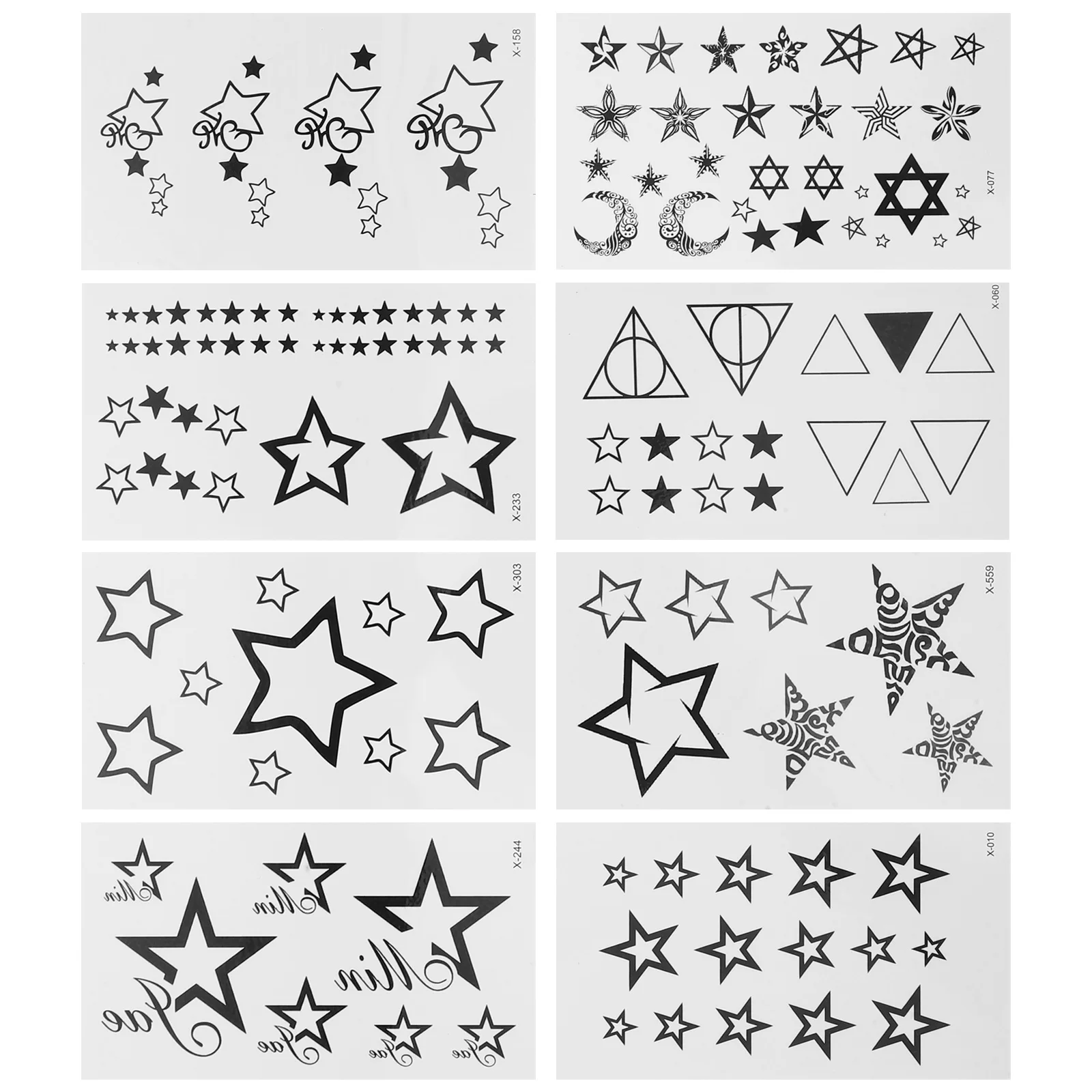 

8 Sheets Temporary Tattoo Sticker Set Black White Stars Geometry Pattern Body Art Paper Stickers Fashionable Trendy Photos