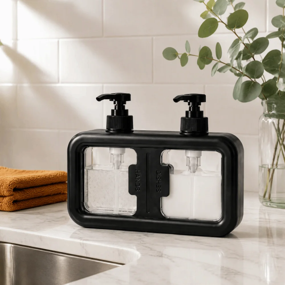 Dual Compartment Dual Chamber Soap Dispenser Press Pump Dual Grid Wall Mount Soap Dispenser 2-in-1 Design Two Liquid Capacity