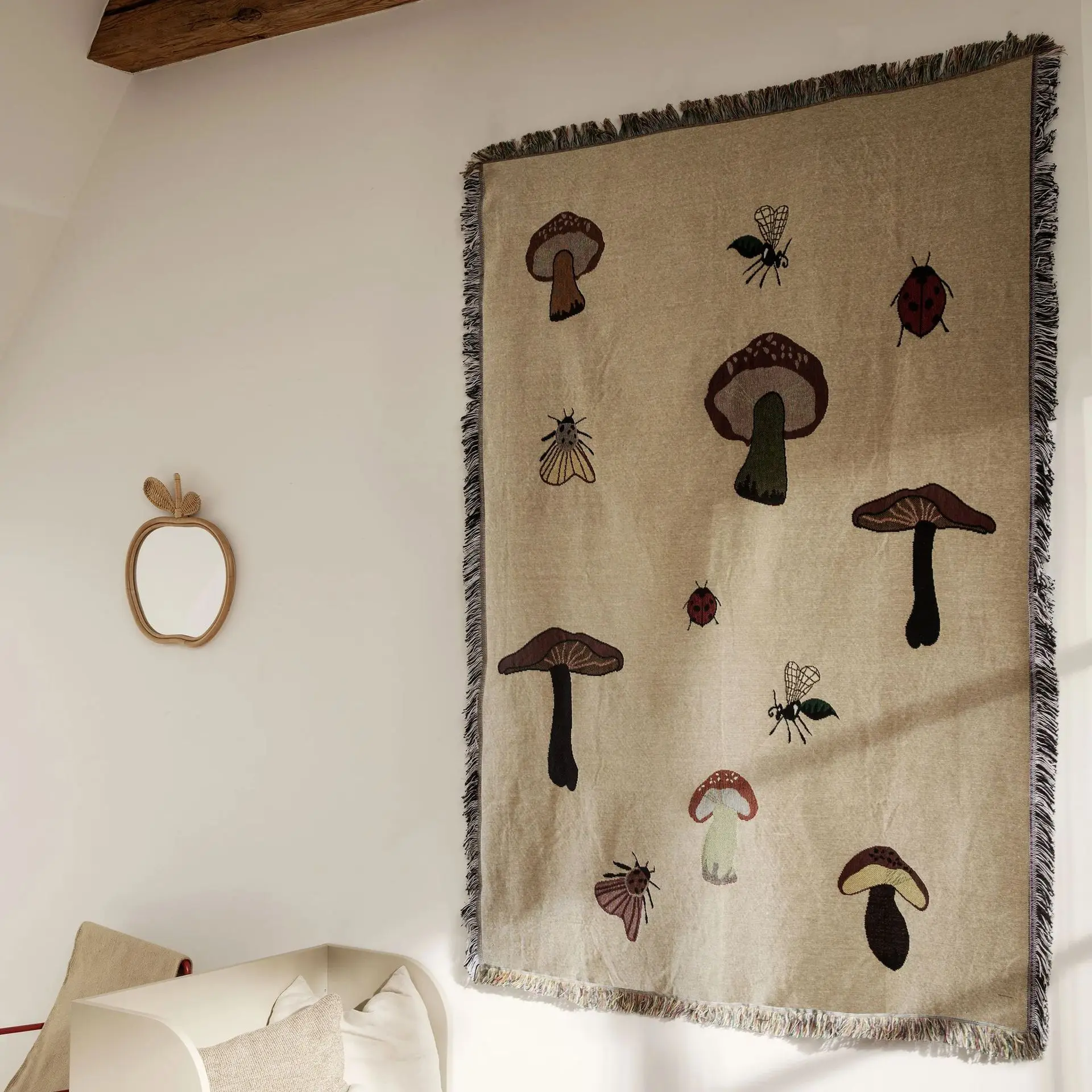 Nordic Forest Mushroom Tapestry Bird Pattern Blanket Travel Camping Carpet