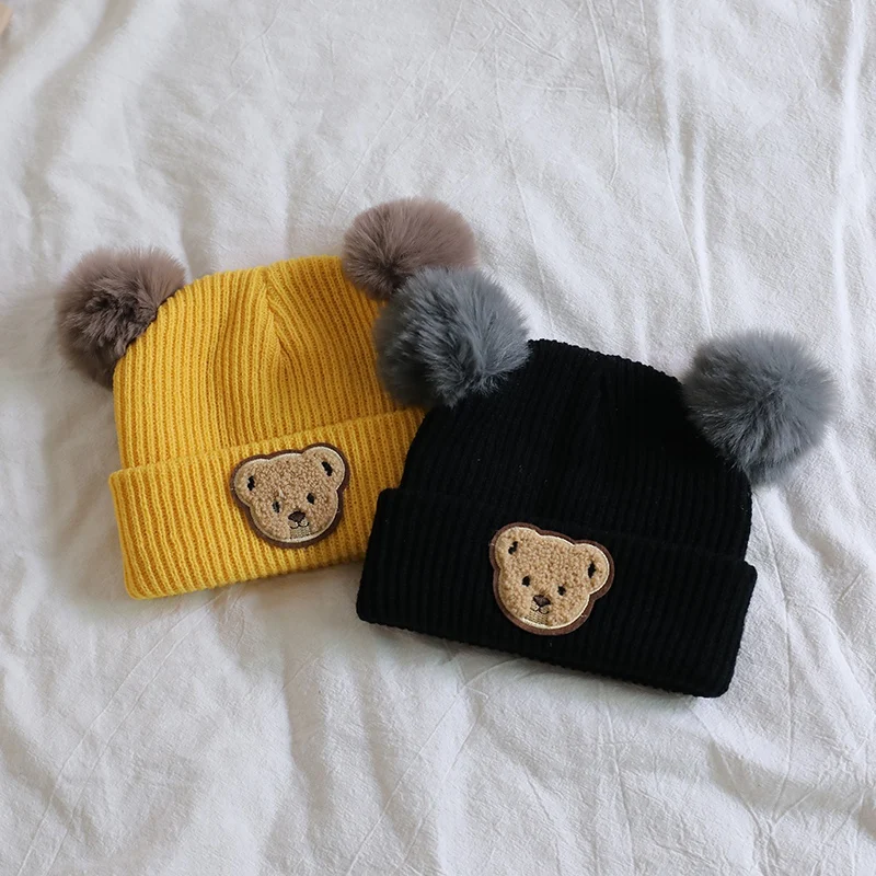 Winter Autum Children Baby Warm Knitted Hat With Pom Cute Bear Pattern Knit Beanie Cap for Infant Newborn Boys Girls Accessories