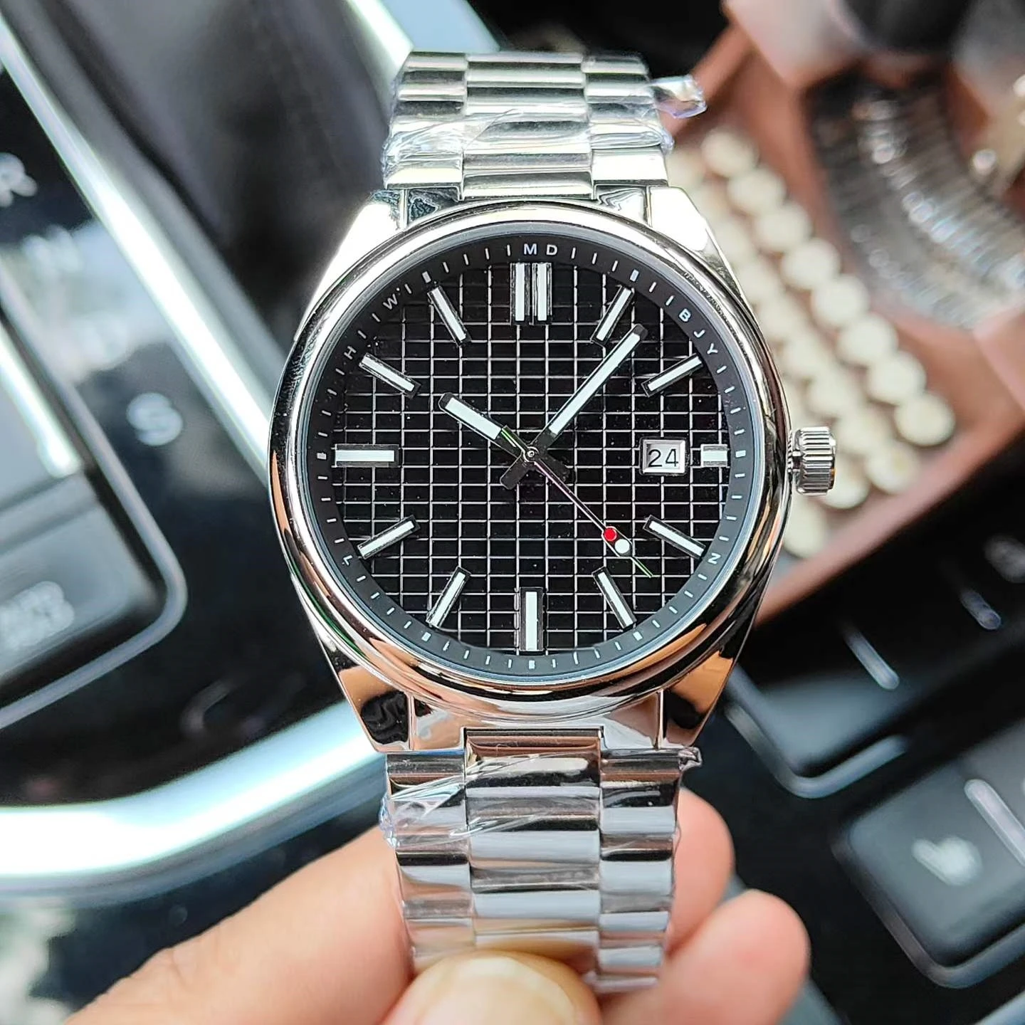 Grid dial GMT dual hour men's watch stainless steel strap luminous date business mechanical watch