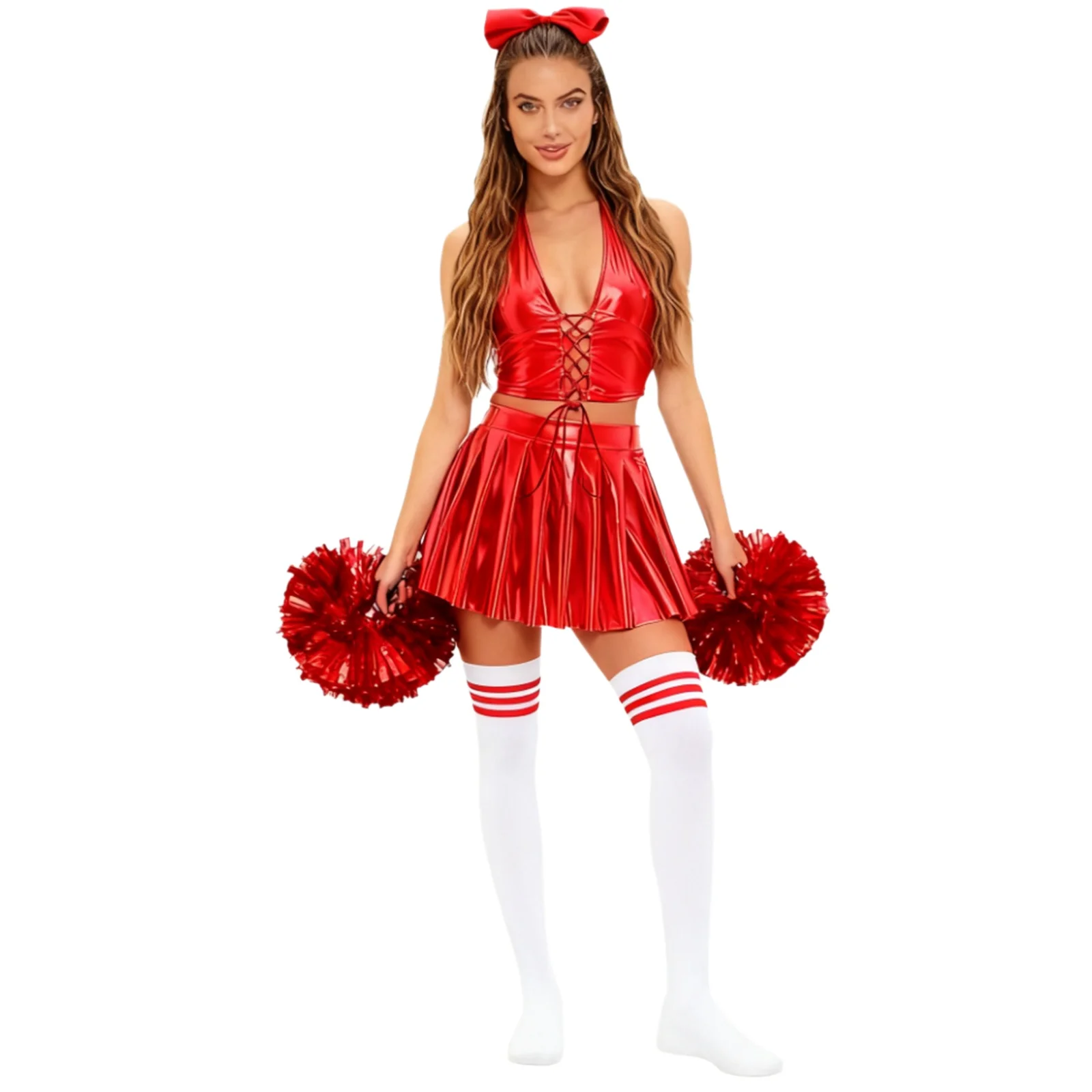 Strój cheerleaderek damski: sznurowany top typu halter, plisowana mini spódniczka, kokardka, gumka do włosów, 1 para kwiatowych bombek i pończochy.