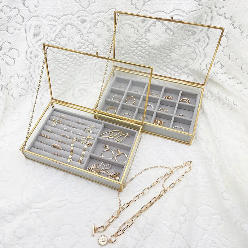 Nordic Style New Micro Luxury Glass Jewelry Box Ring Earring Compartments Storage Box Princess Earring Transparent Makeup Box