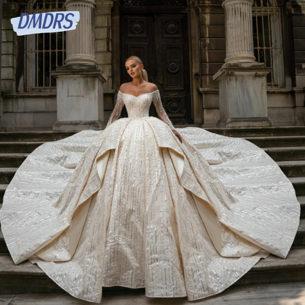 Impresionante vestido de novia de lentejuelas y perlas, vestido de novia romántico lujoso, vestido de novia personalizado con mangas de ilusión de ensueño para mujer