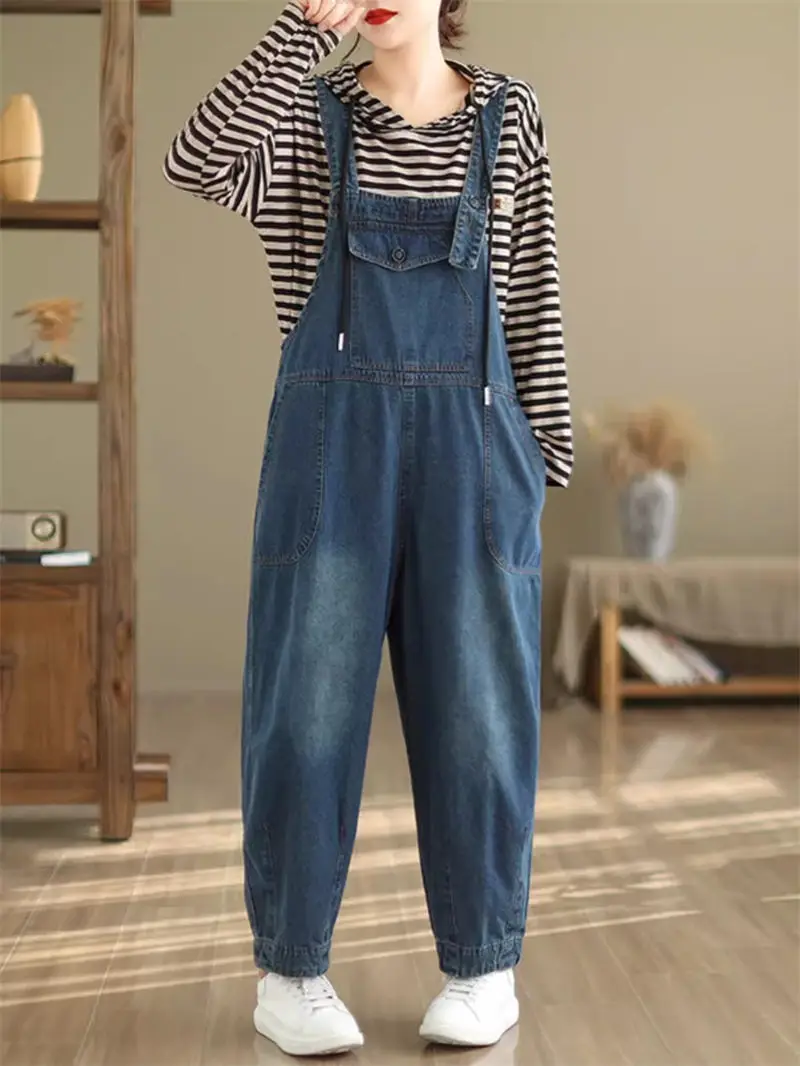 

Leisure Artistic Loose Denim Strap Jumpsuit Retro Washed Jeans Fashionable High Waist Patchwork Overall Pants For Women Z4830