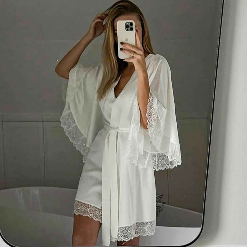 

Hiloc Autumn Elegant Satin White Short Robe 2025 Sexy Flare Sleeve Lace Mini Nightgown Casual Loose Belt Night Dresses Female