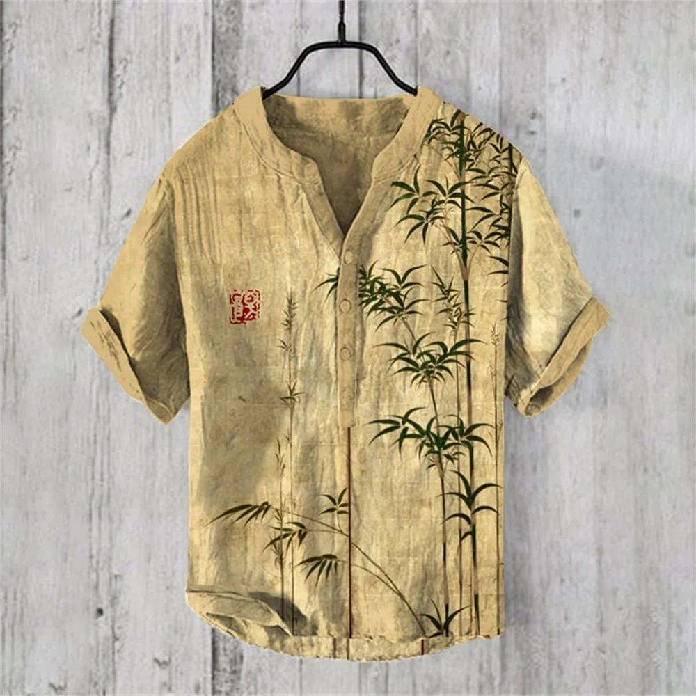 2024 New Men\'s Shirt Japanese Vintage Art Print Linen Short sleeved Shirt Hawaiian Style Button Henry Neck Shirt