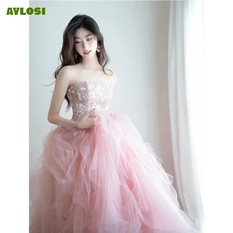 AyLosi Evening Party Dresses for Women Off The Shoulder Strapless Flower Tube Top Mesh Wedding Bridesmaid Dress Prom Vestido