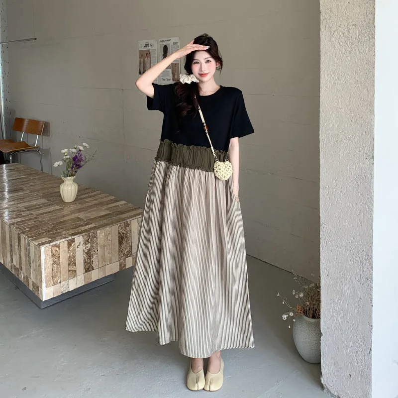 ฤดูร้อน 2025 ผู้หญิงหลวมพลัสขนาด Patchwork เสื้อยืดลาย Lady Vestidos หญิง Robe ใหม่ KE56069