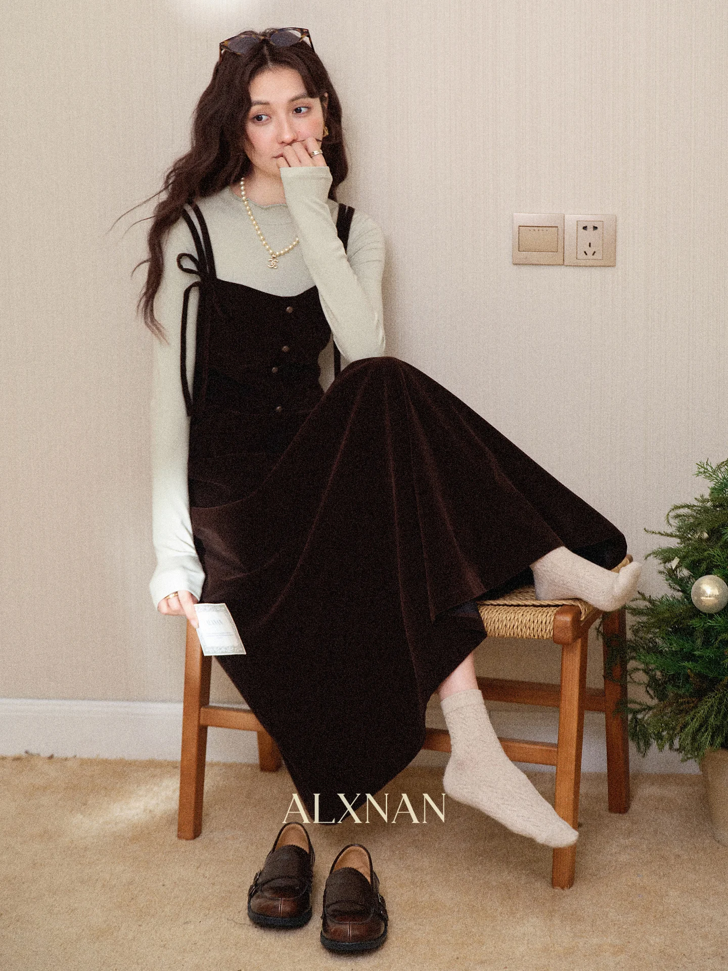 

South Deer Brown Long Dr Women's Retro Sle Autumn Winter Beautiful Maxi Strap Dr Versatile All Seasons Chinese Brand