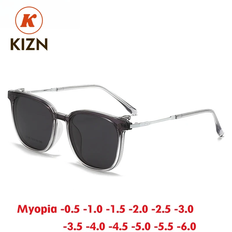 

KIZN 2 в 1, женские очки для близорукости, большая оправа, поляризационные оптические металлические солнцезащитные очки с магнитным зажимом, очки по рецепту от-0,50 до -6,0